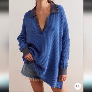 Free People We The Free Dutch Blue Travis Polo Waffle Knit Oversized Top